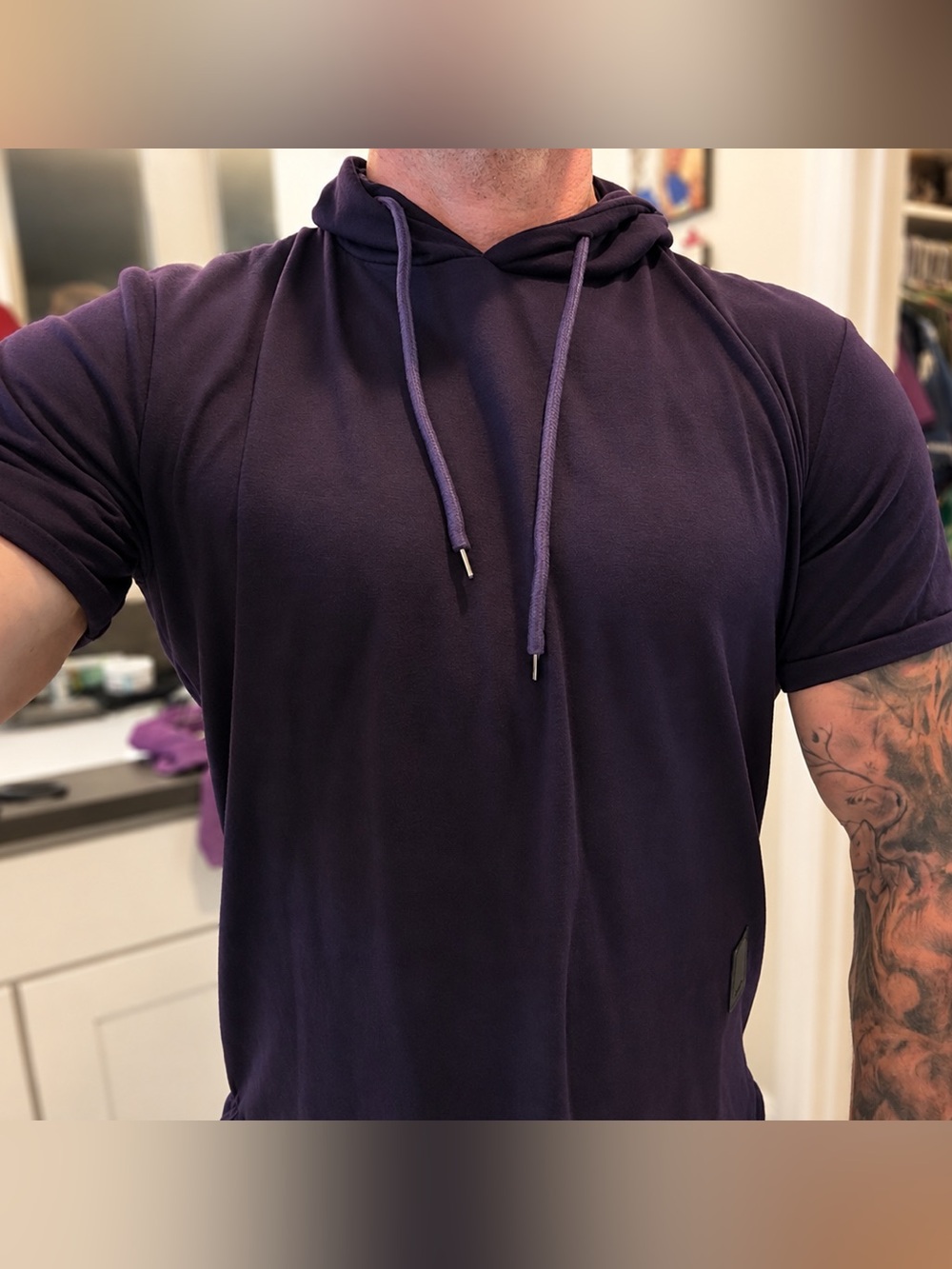 Fashion Purple Short Sleeve Hooded Tee Large Lightweight Athletic Gym Hoodie